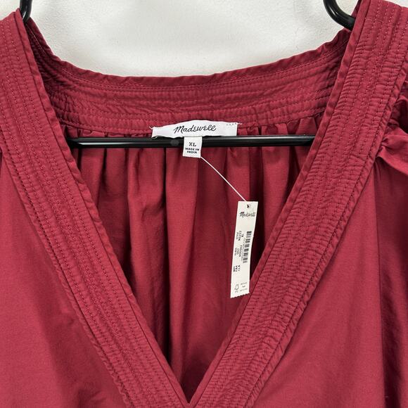 Madewell Puff Sleeve Mini Dress Poplin Claret Burgundy A Line Pockets XL NWT - Picture 8 of 14